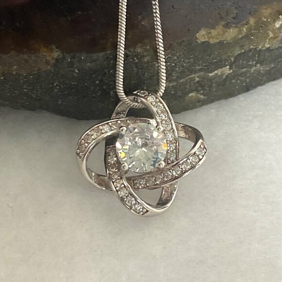 Sterling Silver 925 18K White Gold Love Knot CZ Pendant Necklace 22" Chain - Picture 12 of 16